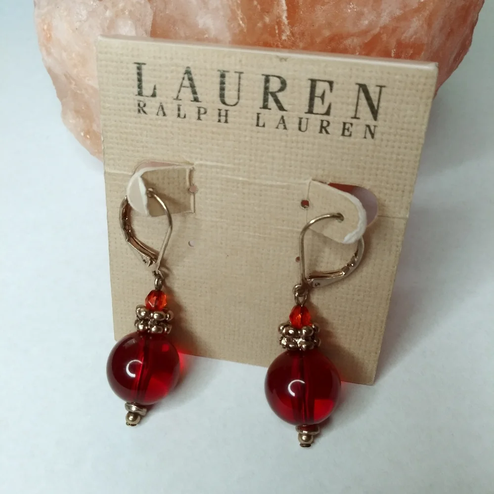 Lauren Ralph Lauren Vintage Gold Tone/Red Leverback Ball Earrings
